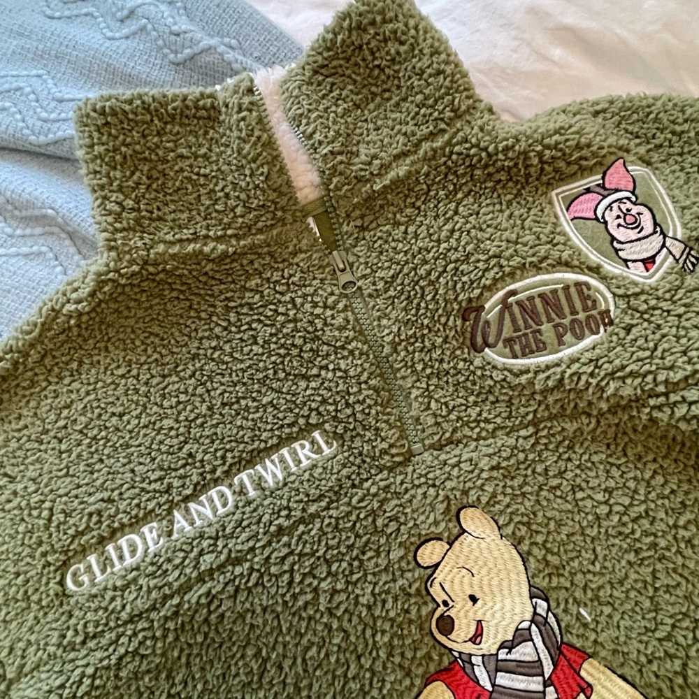 Disney Winnie the Pooh Fuzzy Green Sherpa Quarter Zip Pullover Sweatshirt - Picture 2 of 13